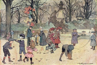 Jeux de colin-maillard, saut à la corde, ballon et sable dans le jardin public, dans Imagier de l