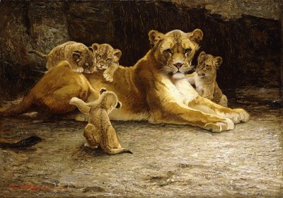 Une Lionne avec ses Petits - Ferdinand Schebek