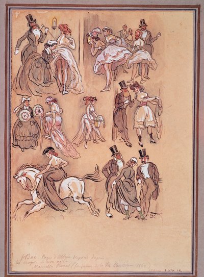 Second Empire français : planche de mode pour danseurs, cavalier et gentilshommes élégants (gravure) - Ferdinand Sigismund Bac