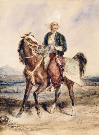 Un guerrier arabe à cheval dans un paysage - Ferdinand Victor Eugene Delacroix