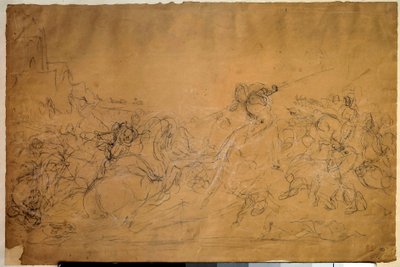 Scène de bataille Dessin sur papier saumon par Eugène Delacroix (1798-1863) 19ème siècle - Ferdinand Victor Eugene Delacroix