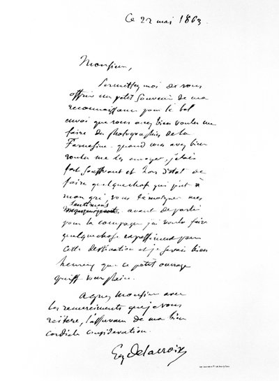 Lettre signée par Eugène Delacroix, artiste romantique français, 1863 - Ferdinand Victor Eugene Delacroix