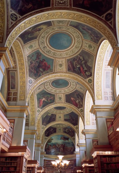 Vue du plafond à caissons de la bibliothèque avec cadre en stuc doré entourant des écoinçons illustrant des scènes bibliques et classiques, 1844 - Ferdinand Victor Eugene Delacroix