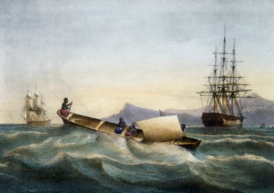 Pirogue à balancier des Antilles, lithographie en couleur de Ferdinand Perrot - Ferdinand Victor Perrot