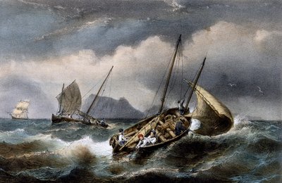 Pêche à la sardine le long de la côte de Bretagne, lithographie en couleur par Ferdinand Perrot - Ferdinand Victor Perrot