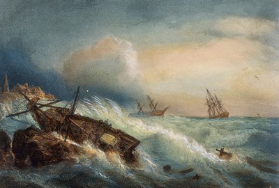 Naufrage sur la côte de Saint-Nazaire, lithographie en couleur par Ferdinand Perrot, France - Ferdinand Victor Perrot