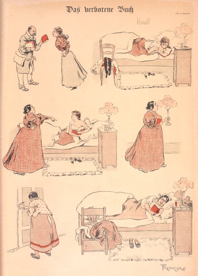 Le livre interdit. Une fille lisant un livre au lit. Il est pris par une femme plus âgée, qui le lit ensuite elle-même - Ferdinand von Reznicek