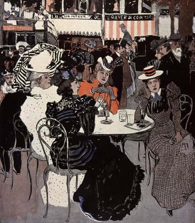 Femme parlant à une table devant un café. Illustration de Von Reznicek dans : Simplicissimus, Allemagne - Ferdinand von Reznicek