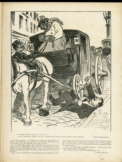 Illustration de Fernand Fau dans Le Rire, 29/02/08 - Métiers, Transport, Accidents de désastre, Calèche Fiacre Cab - Cochers Fiacres - Fernand Fau