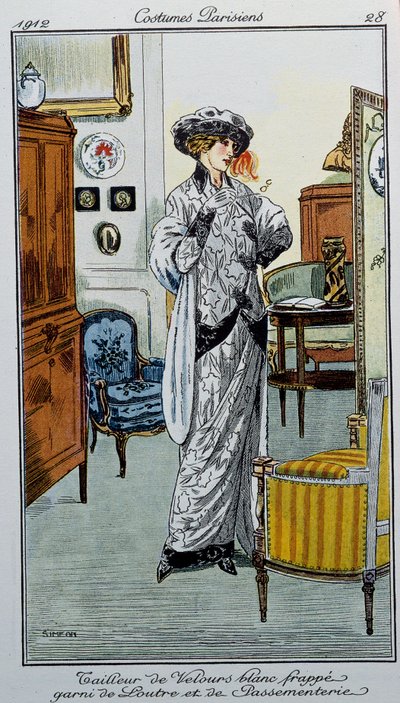Costumes parisiens : Tailleur en velours blanc rayé de loutre et garnitures - Fernand Siméon