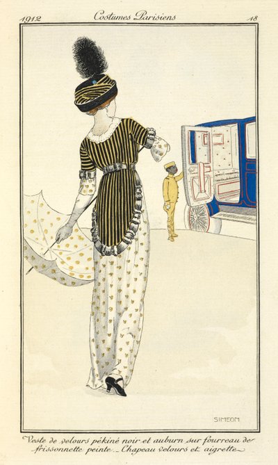 Veste de velours pékiné noir et auburn sur fourreau de frissonnette peinte. Chapeau velours et aigrette. - Fernand Siméon