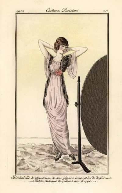 Femme en robe de mousseline de soie lilas avec gilet en velours noir se regardant dans un miroir - Fernand Siméon