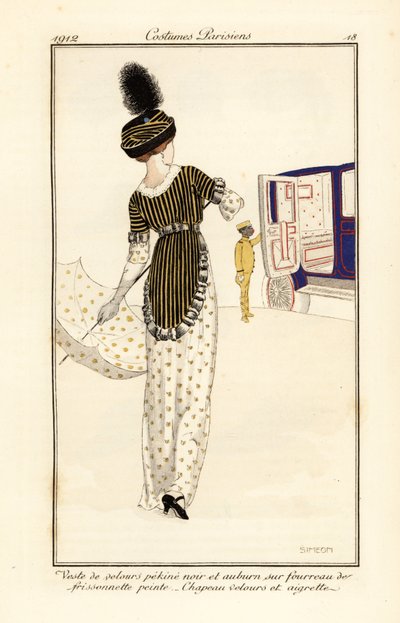 Femme en gilet de velours pekine sur une robe fourreau imprimée - Fernand Siméon