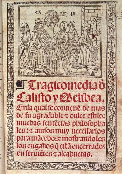 Miniature sur parchemin sur la couverture de La Célestine ou Tragicomédie de Calisto et Melibea, manuscrit espagnol de Fernando de Rojas, publié en 1531 - Fernando de Rojas