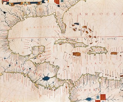 Portulan : Carte géographique avec le nom du littoral de Cuba, Floride, Amérique centrale et Amérique latine du Nord, Atlas hydrographique de Fernao VAZ DOURADO (16ème siècle) - Fernao Vaz Dourado