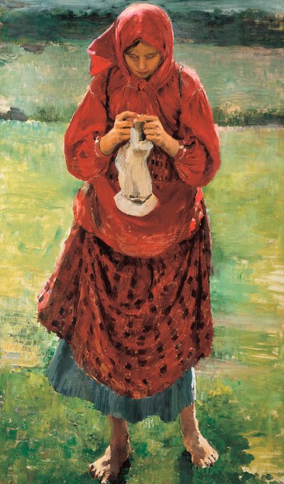 Jeune paysanne tricotant une chaussette - Filipp Andreevich Maliavin