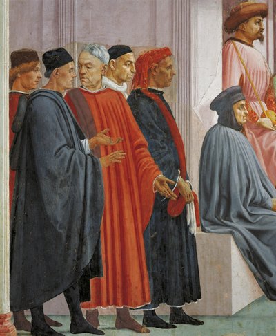 Hommes en costume médiéval, détail de La Résurrection du fils de Théophile, par Tommaso Masaccio, fresque - Filippino Lippi
