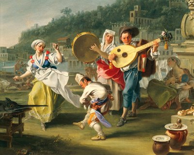 Tarantelle à Mergellina, ca 1750, par Filippo Falciatore (actif 1737-1768), huile sur toile, 76,2x102 cm, (détail), Italie - Filippo Falciatore
