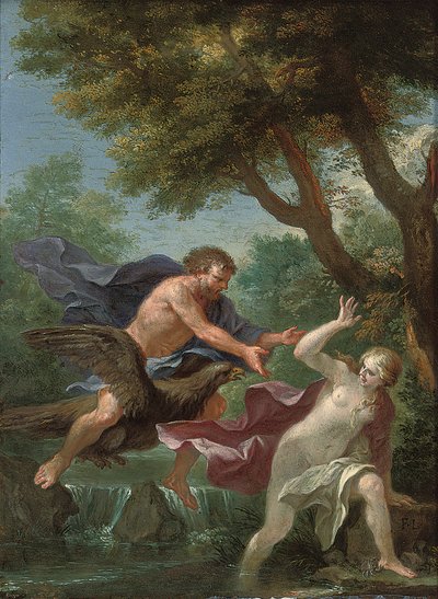 Paysage fluvial boisé avec Jupiter poursuivant une nymphe de rivière - Filippo Lauri