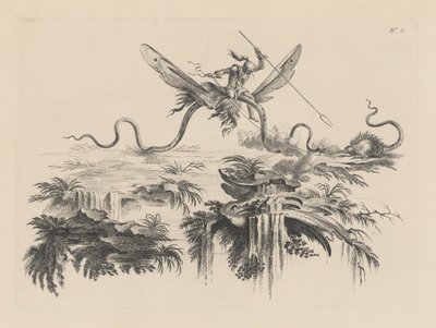 Un Sauvage monté sur un Serpent ailé combattant avec une bête sauvage ressemblant à un Porc-épic - Filippo Morghen