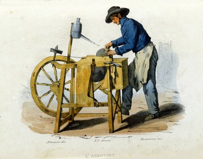 Petite entreprise de la ville de Naples : un rémouleur. Gravure d