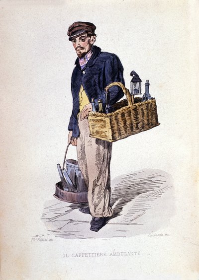 Petit commerce de la ville de Naples : le « caffettiere », un marchand de café napolitain. Gravure d