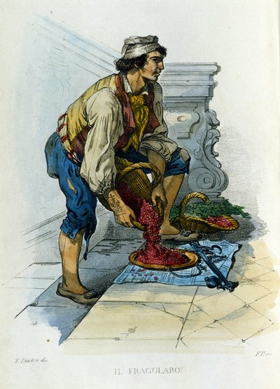 Petite entreprise de la ville de Naples : le « fragolaro », un marchand de fraises napolitain. Gravure d