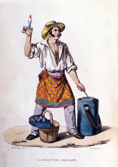 Petit commerce de la ville de Naples : le vendeur de glaces et sorbets. Gravure d