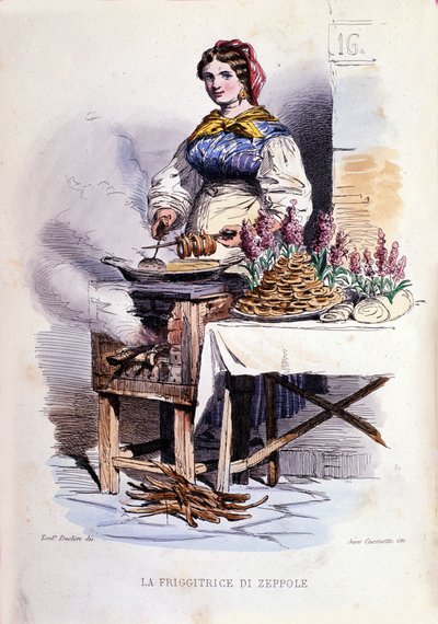 Petit commerce de la ville de Naples : marchande ambulante de zeppole, spécialité pâtissière de Naples. Gravure d