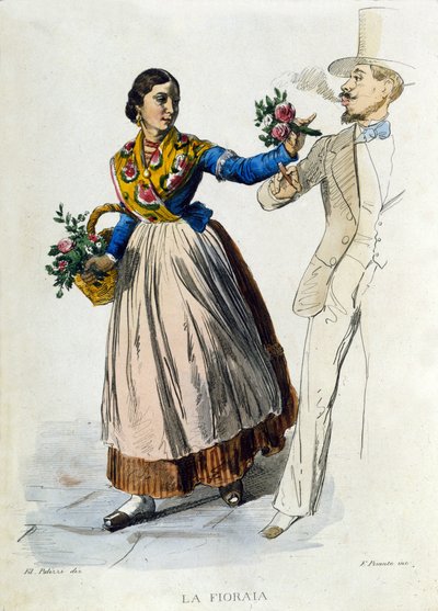 Petit commerce de la ville de Naples : jeune fleuriste tendant un bouquet à un homme élégant. Gravure d