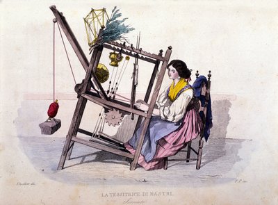 Petit commerce du royaume de Naples : jeune femme de Sorrente tissant des rubans. Gravure d