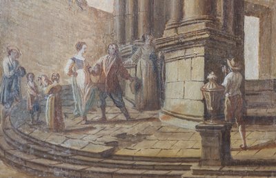 Scène de genre, huile sur bois, (détail) des volets de la fenêtre du salon, appartement de la Reine, résidence de chasse, par Filippo Juvarra (1678-1736), Stupinigi, Piémont, Italie - Filippo or Juvara Juvarra