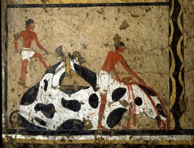 Antiquité égyptienne : un taureau est sacrifié devant un sarcophage. Détrempe sur argile et paille de la tombe du général et chancelier du roi Iti à El Ghebelen près de Louxor. 2200-2000 av. J.-C. Turin, musée égyptien - First Intermediate Period Egyptian