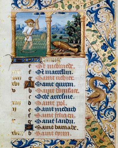 Calendrier, juin, un paysan fauchant et le signe du cancer. Page tirée d
