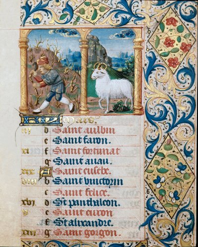 Calendrier, le mois de mars, un paysan semant et le bélier. Page tirée d