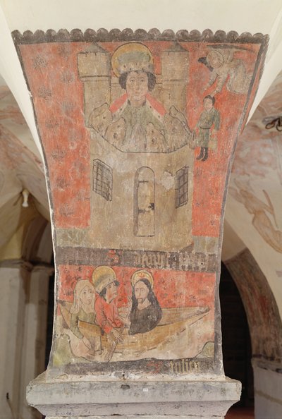 Daniel dans la fosse aux lions, avec en dessous Saint Julien, sa femme et Jésus-Christ, fresque de la crypte, c.1480-1540 - Flemish School
