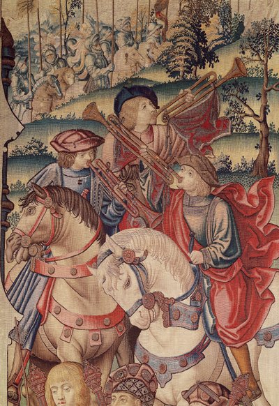 Détail de Trompettistes à cheval, de la Tapisserie de David et Bethsabée, 1510-15 - Flemish School
