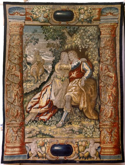 Tapisserie flamande. Série Galanterie. Couple avec musicien. Manufacture Bruxelles, début 17ème siècle. Tissu Soie et laine, 5/6 fils par cm. Taille 348 x 263 cm. Église de San Millán de la Cogolla, Oncala (Soria). - Flemish School