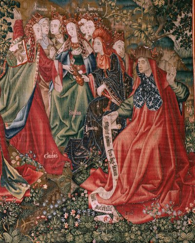 Tapisserie flamande. Série Rédemption humaine ou Vices et Vertus. Les Vertus défient les Vices lorsque le Christ commence son ministère. Sixième tapisserie de la série (troisième de celles conservées à Palencia). - Flemish School
