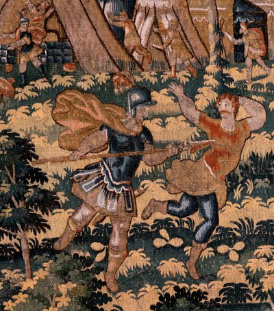 Tapisserie flamande. Série Histoire de Cyrus. N° V Combat entre deux guerriers et mort de Cyrus. Anonyme, basé sur Michiel Coxcie. Atelier Anvers. Soie et laine. Ca 1590 - Flemish School