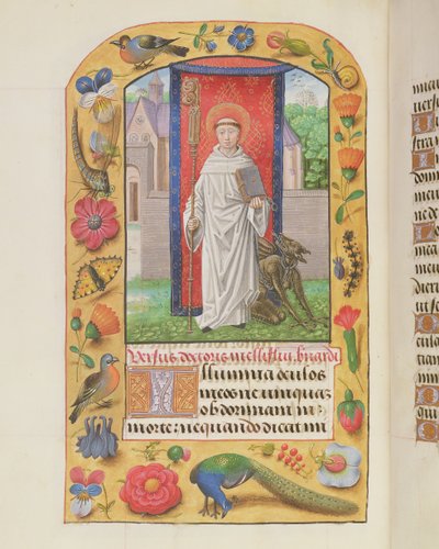 Saint Bernard en habit cistercien avec un diable enchaîné derrière lui, d