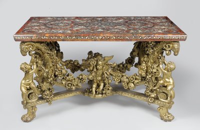 Table en marqueterie sur base en bois de tilleul sculpté et doré, 1689 - Flemish School