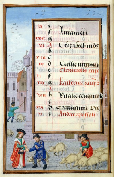 Ms 1058-1975 f11v Vente de cochons au marché, page de calendrier illuminée pour novembre, d