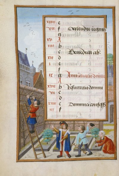 Ms 1058-1975 f3v Propriétaire donnant des ordres à ses jardiniers, page de calendrier illuminée pour mars, d