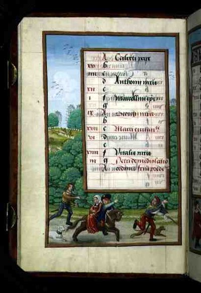 Un Maître et sa Dame chevauchent avec la Chasse, page de calendrier illuminée pour avril, d
