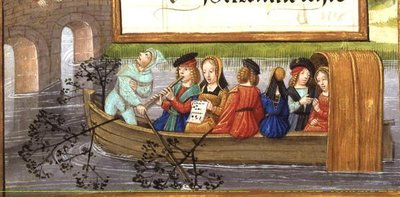 Ms 1058-1975 f.5v Musiciens naviguant sur une rivière, d