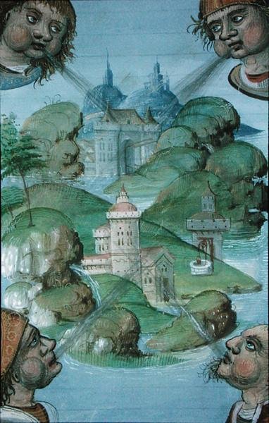 Ms Hunter 9 f.47v Quatre vents soufflant aux coins sur un paysage entouré de mer, de 