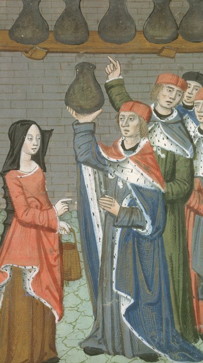 Femme avec panier apportant urinalis magnus, de De Medina Fen I. II, par Avicenne - Flemish School