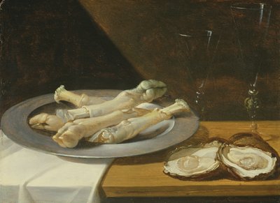 Jarrets de porc sur une assiette en étain avec huîtres et verres à vin sur une table drapée, vers 1630 - Flemish School
