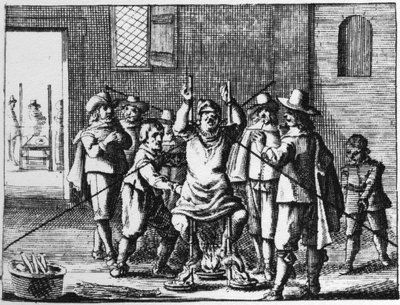 Sorcier torturé avec un collier - Gravure de 1725 dans « La Sorcellerie démasquée » par Abraham Palingh - Flemish School